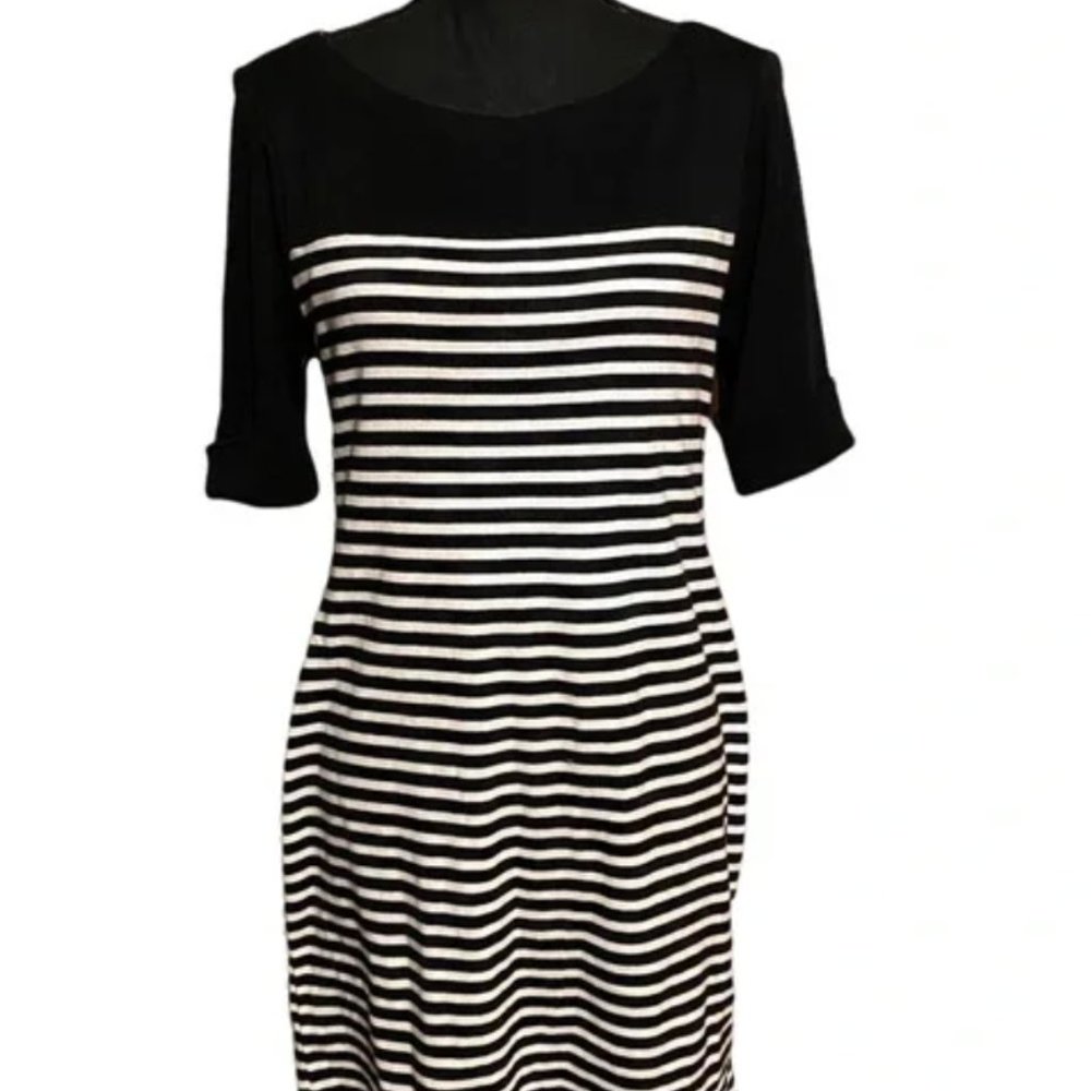LAUREN Ralph Lauren Black and White Striped Stretch Sheath Dress Women's L Large